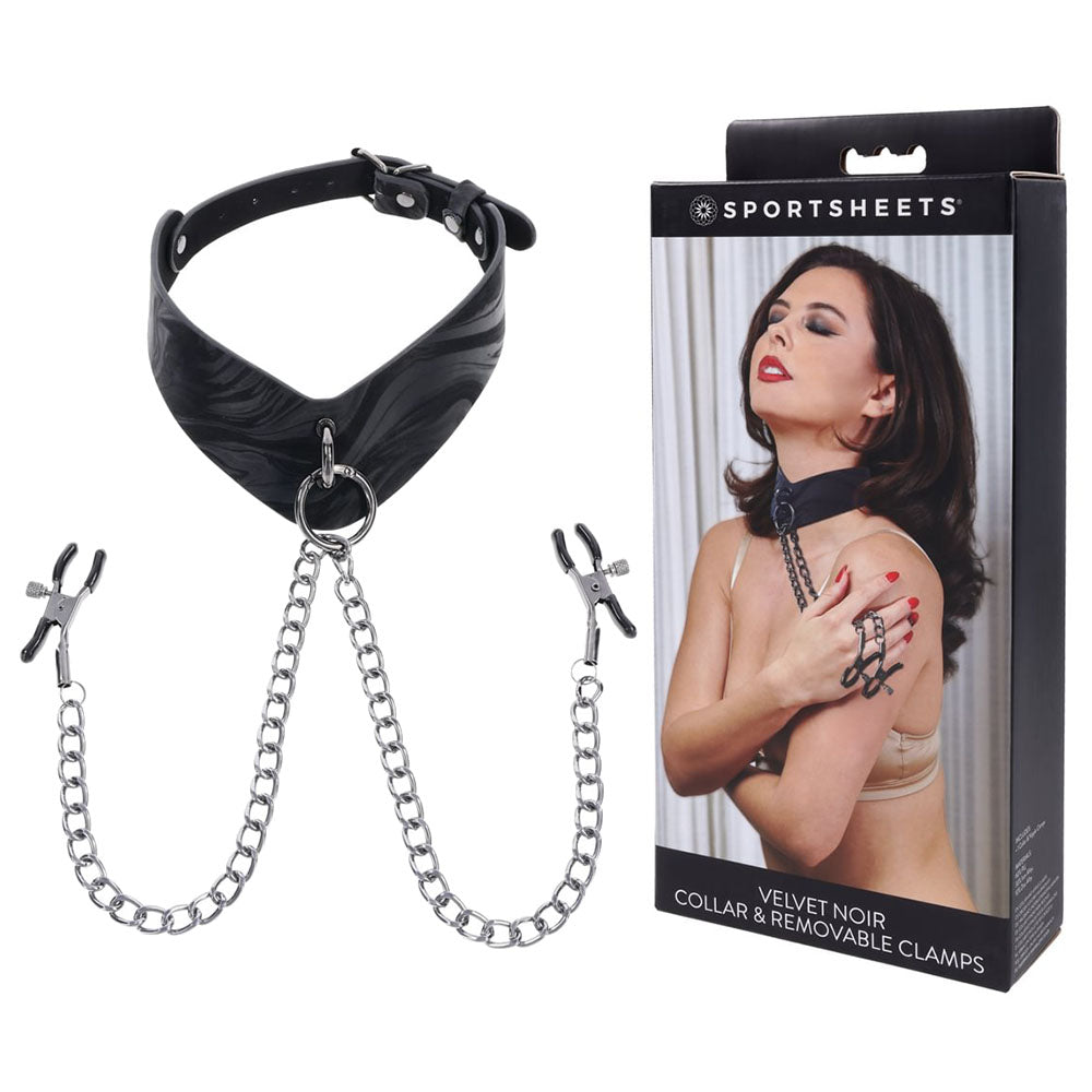 SPORTSHEETS Velvet Noir Collar &amp; Removable Clamps - Black Neck &amp; Nipple Restraints