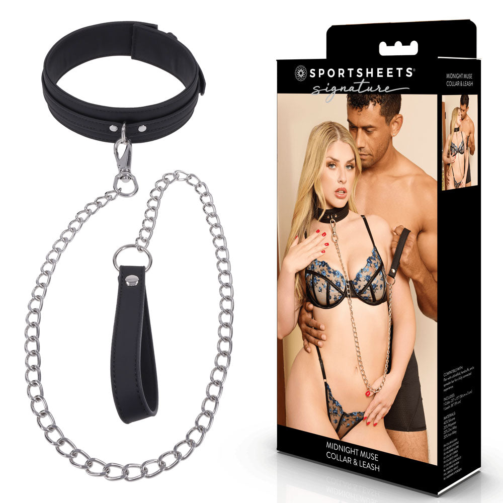 SPORTSHEETS Signature Midnight Muse Collar &amp; Leash - Black Adjustable Restraint