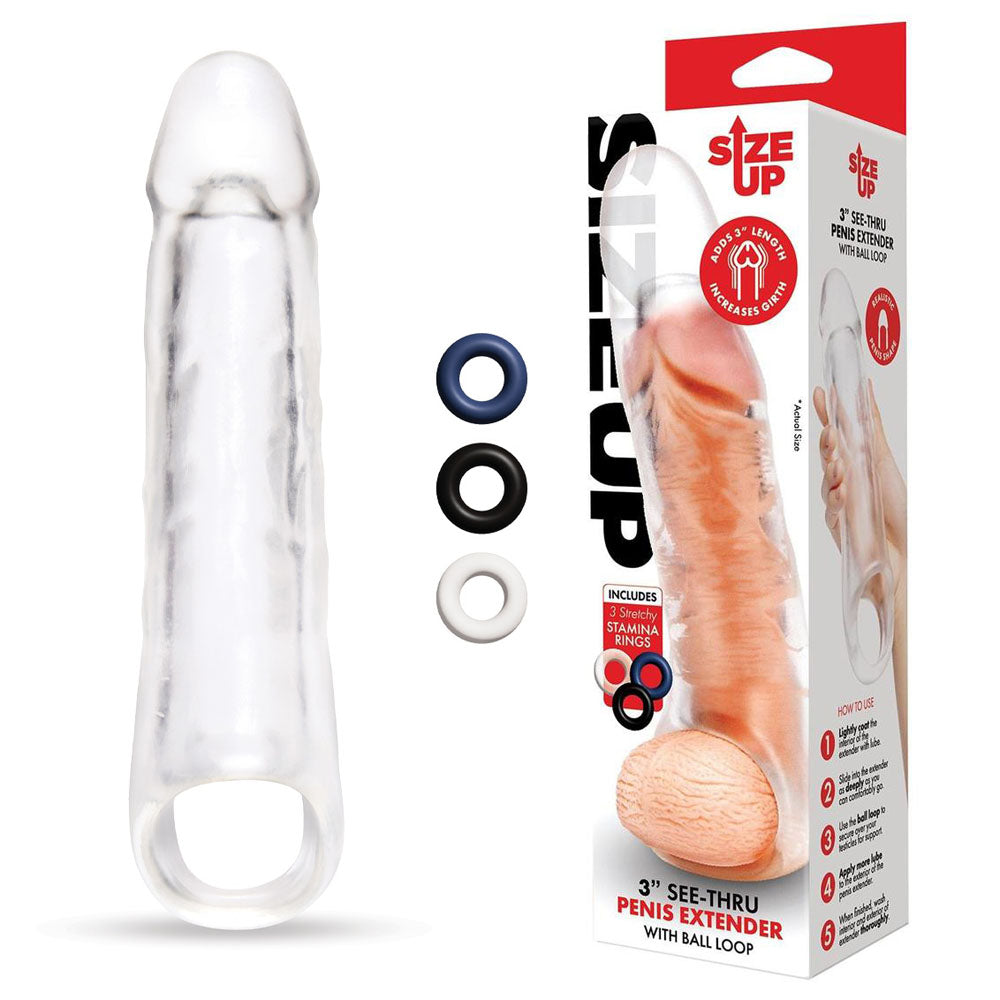 Size Up 3 Inch See-Thru Penis Extender with Ball Loop - Clear 7.6 cm (3&