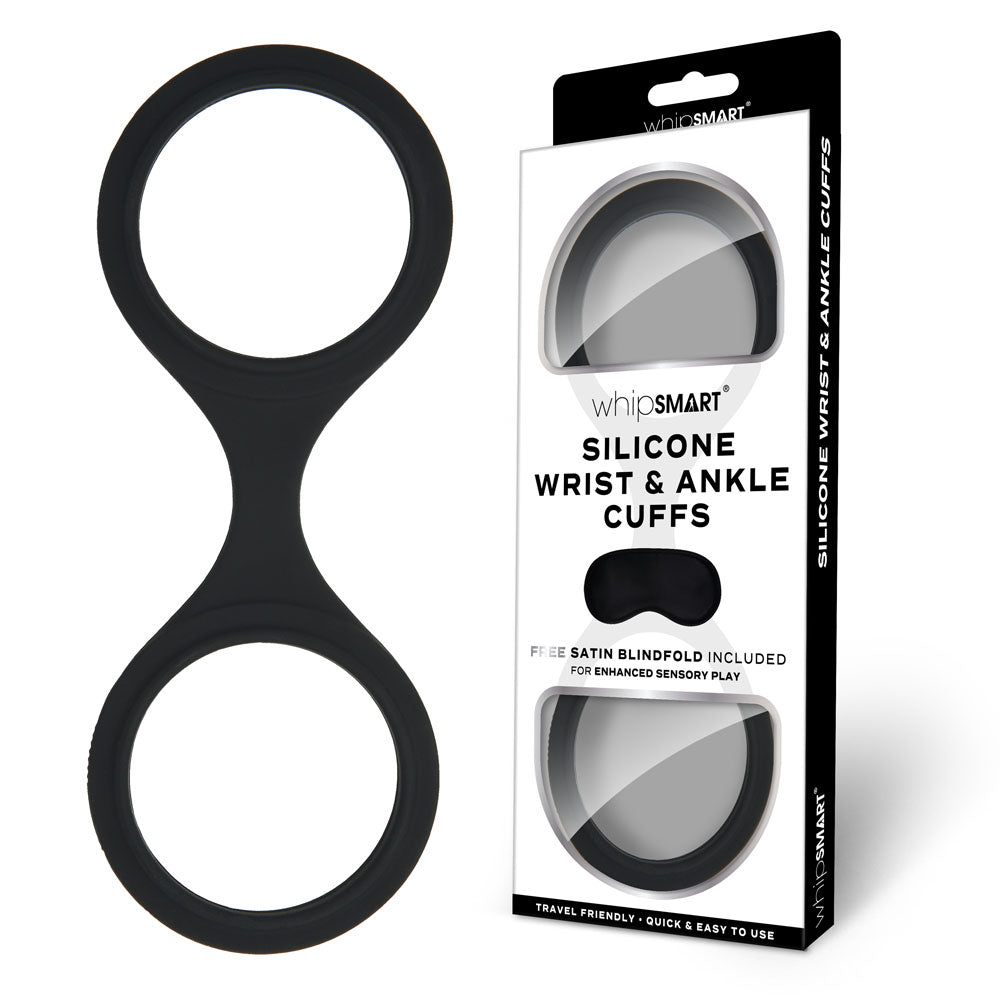 WhipSmart Silicone Wrist &amp; Ankle Cuffs - Black Restraints with Bonus Eye Mask