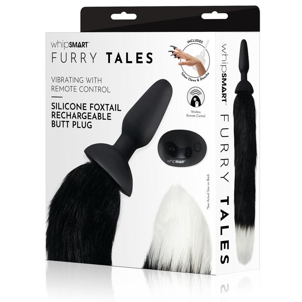 WhipSmart Furry Tales Silicone Foxtail Rechargeable Butt Plug - Black 9.5 cm Vibrating Butt Plug with Black Fox Tail &amp; Remote Control