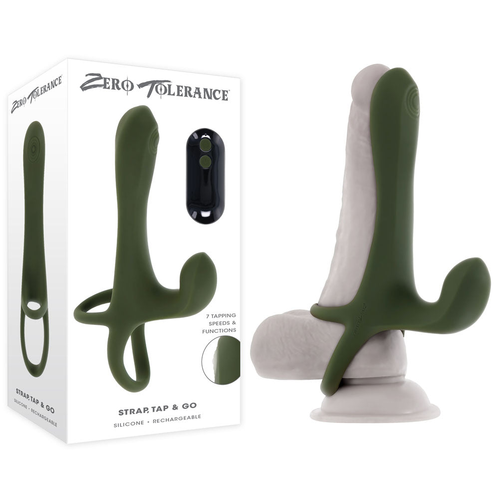 Zero Tolerance STRAP, TAP &amp; GO - Green USB Rechargeable Vibrating &amp; Tapping Penis Sleeve with Wireless Remote