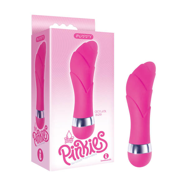 The 9's Pinkies Buddy mini vibrator in pink packaging, showcasing elegant curves and body-safe silicone design.