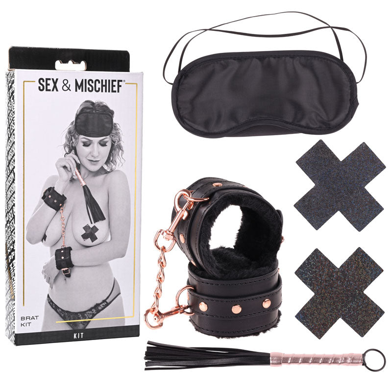Sex & Mischief Brat Kit - Kit includes wrist restraints, single-use pasties, blindfold, and mini flogger 